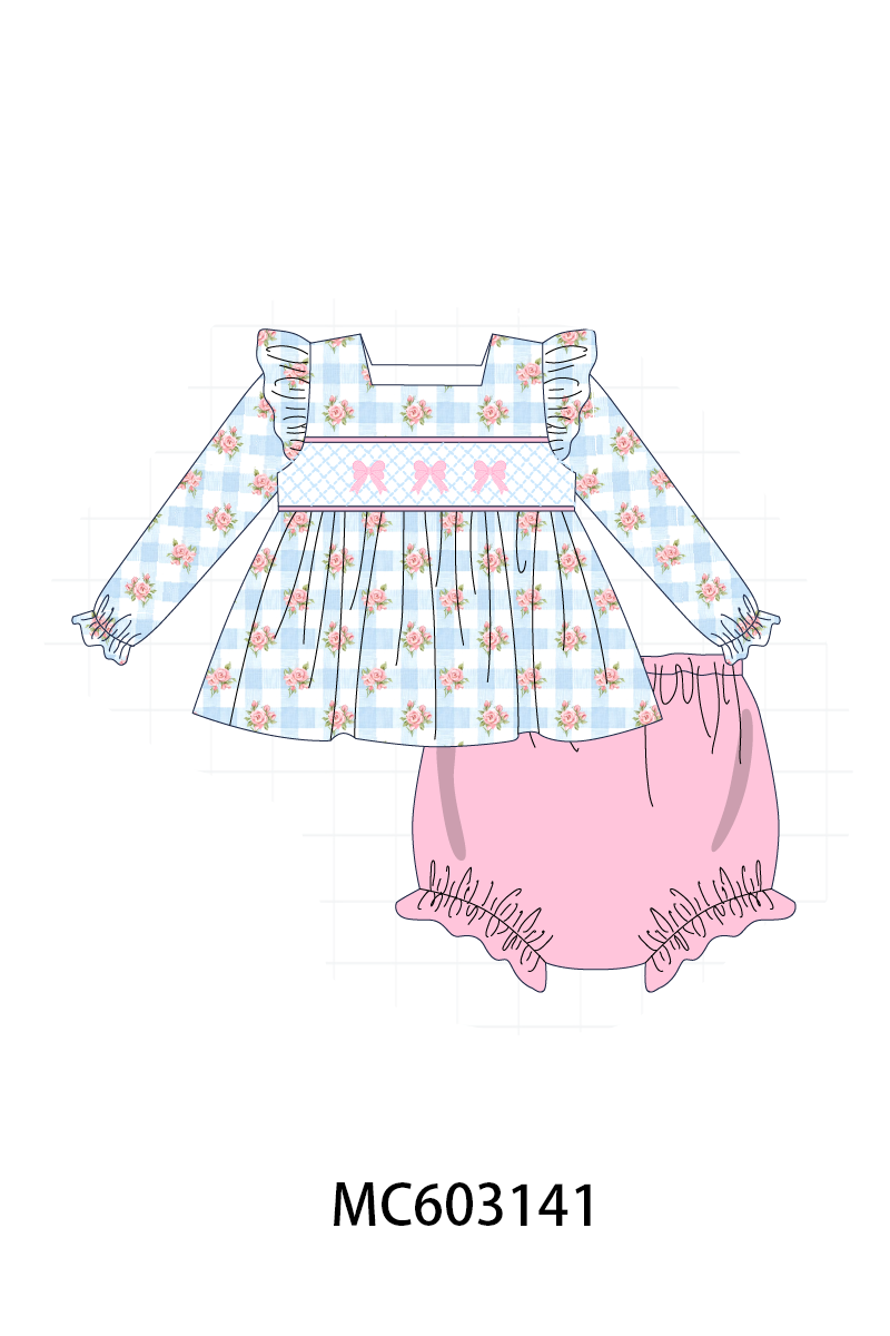 PO83 Blue bow smocked floral gingham collection