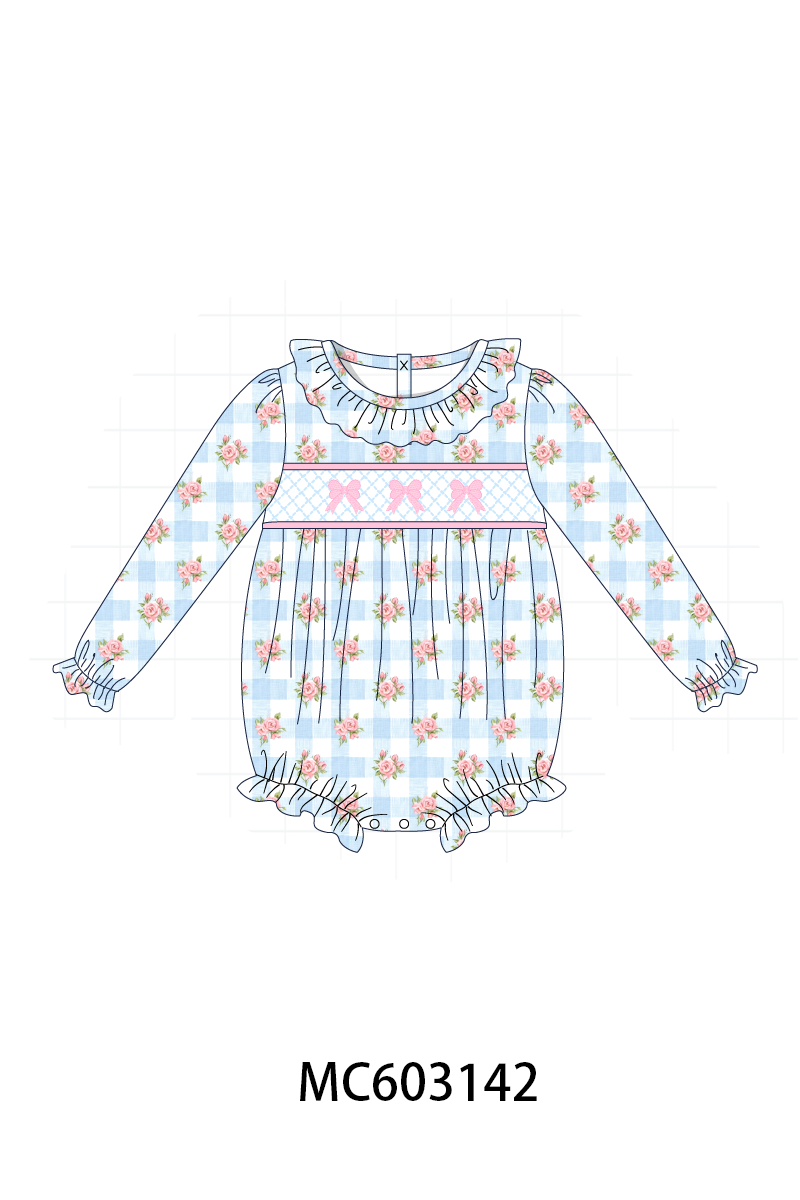 PO83 Blue bow smocked floral gingham collection