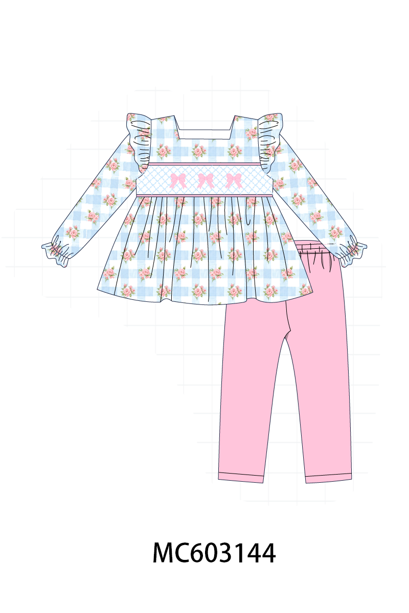 PO83 Blue bow smocked floral gingham collection
