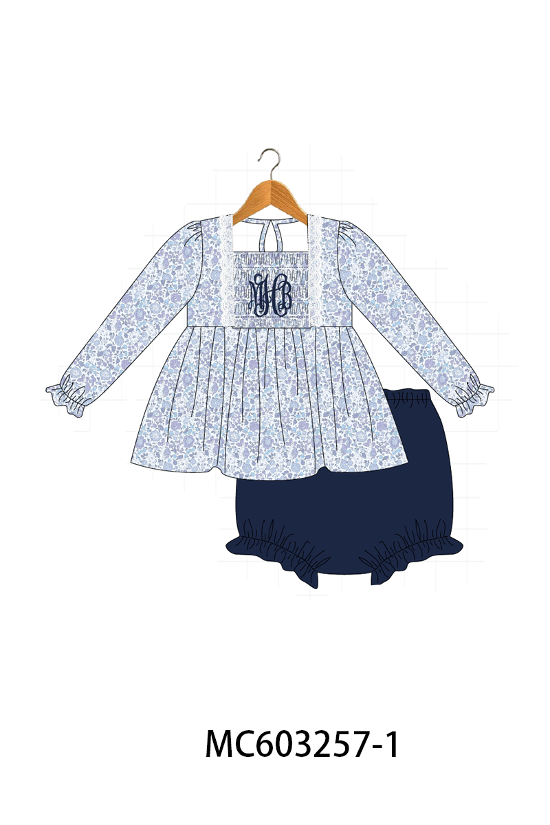 PO83 Navy floral monogram smocked collection