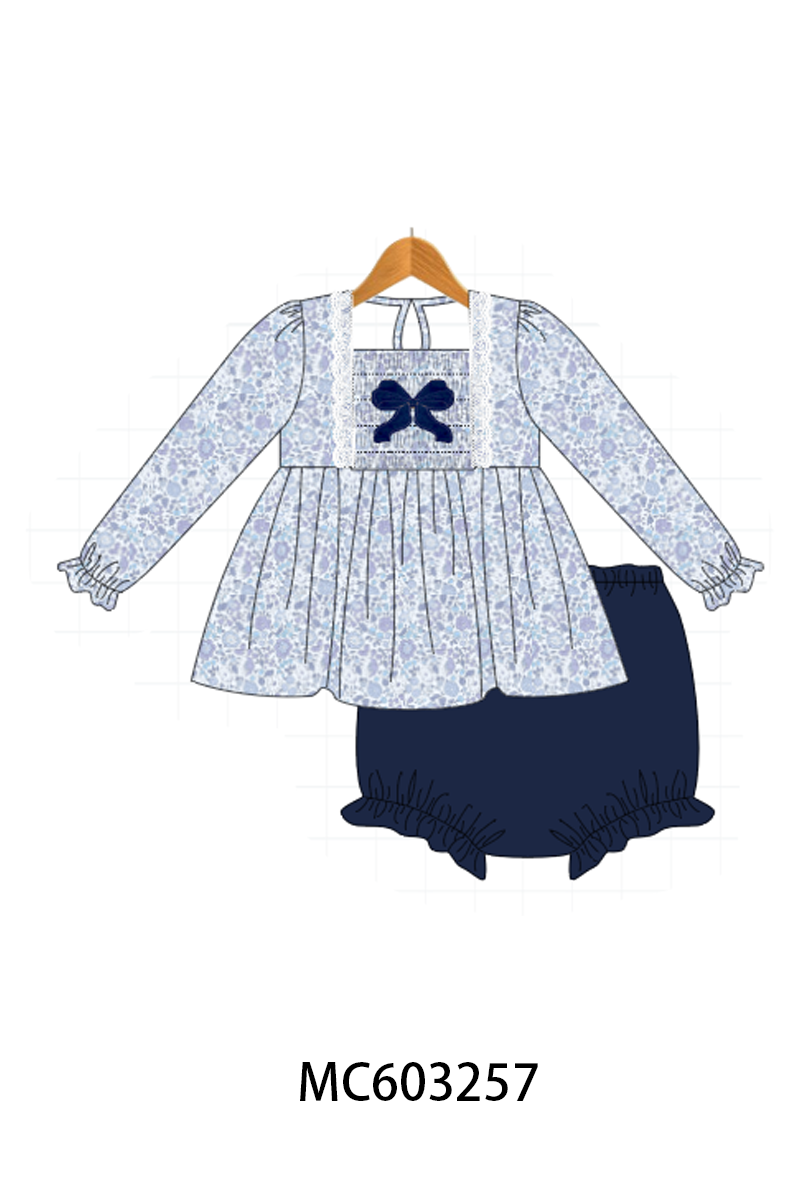 PO83 Navy floral bow smocked collection
