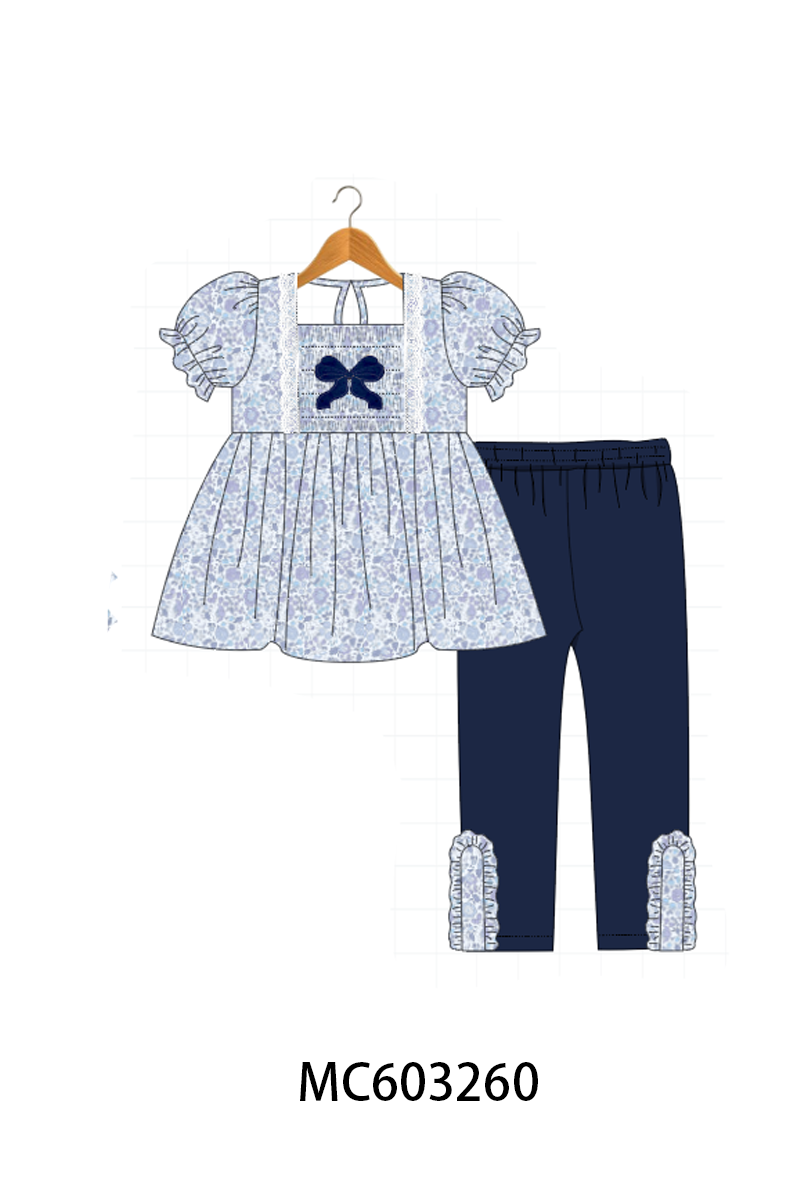 PO83 Navy floral bow smocked collection