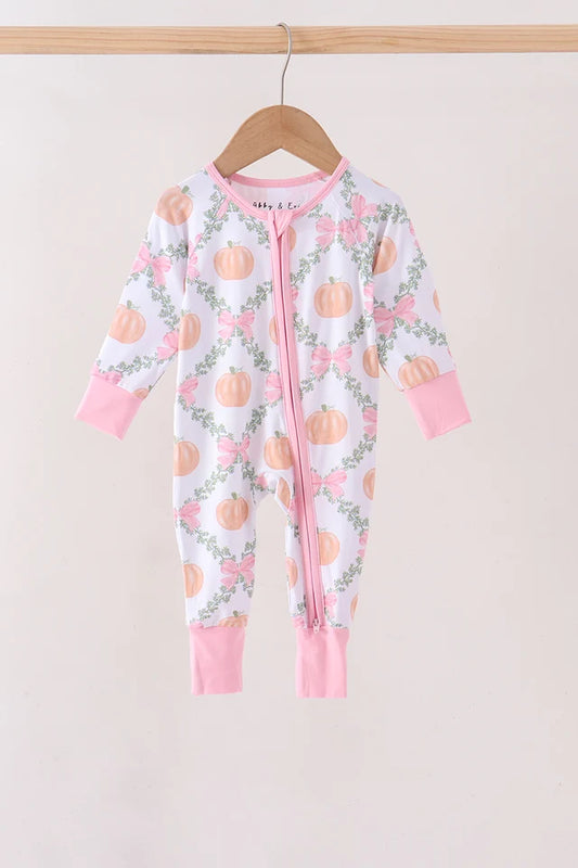 Pink Pumpkin Bow Bamboo Zipper Romper