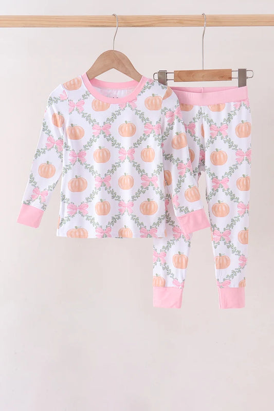 Pink Pumpkin Bow Bamboo Pants Set