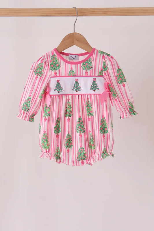 Pink christmas tree embroidery stripe bow bubble