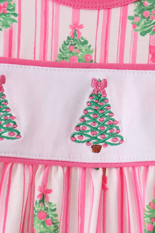 Pink christmas tree embroidery stripe bow bubble