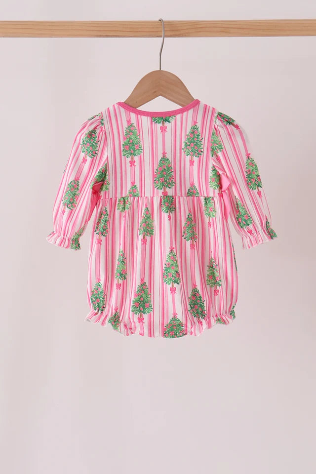 Pink christmas tree embroidery stripe bow bubble