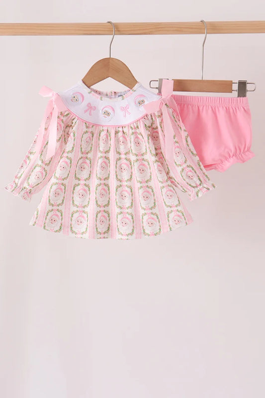 Pink santa bow embroidery bloomer set