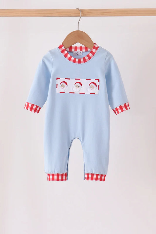Blue Santa Claus Embroidery Romper