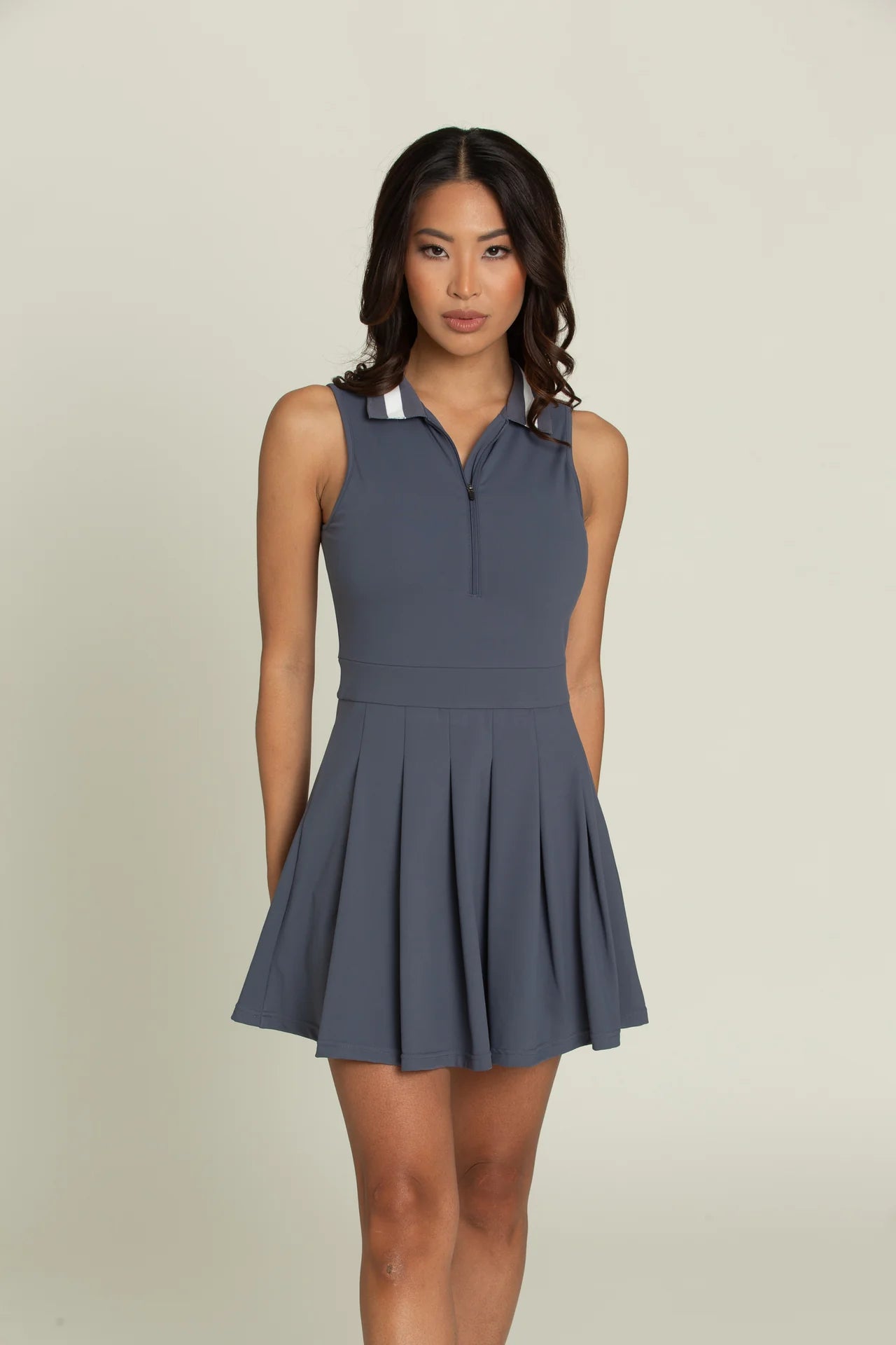 Navy Pleated Lined Collar Tennis Romper Dress (Gold Hinge)