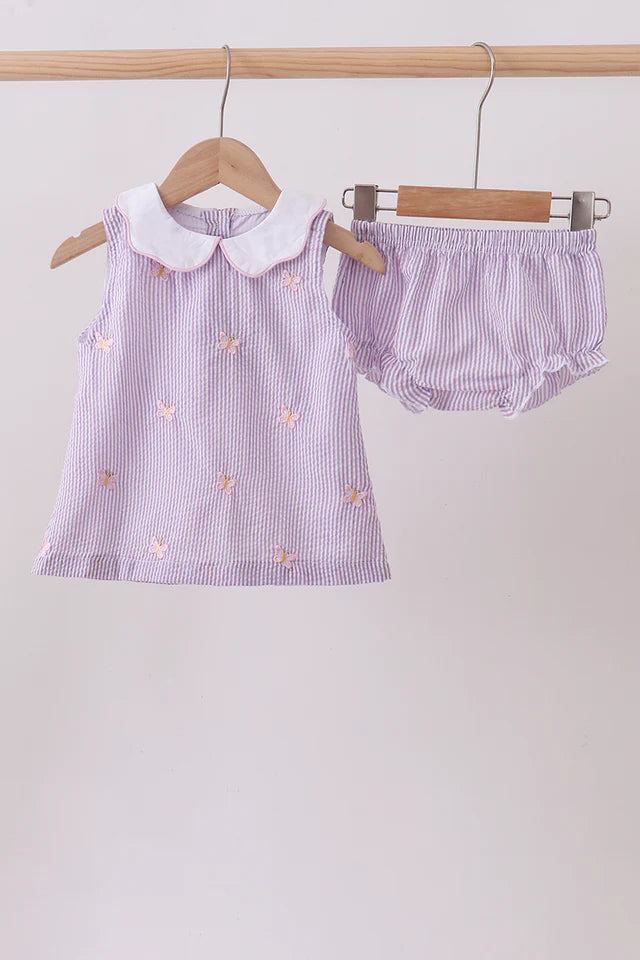 Purple Seersucker Butterfly Embroidery Bloomer Set