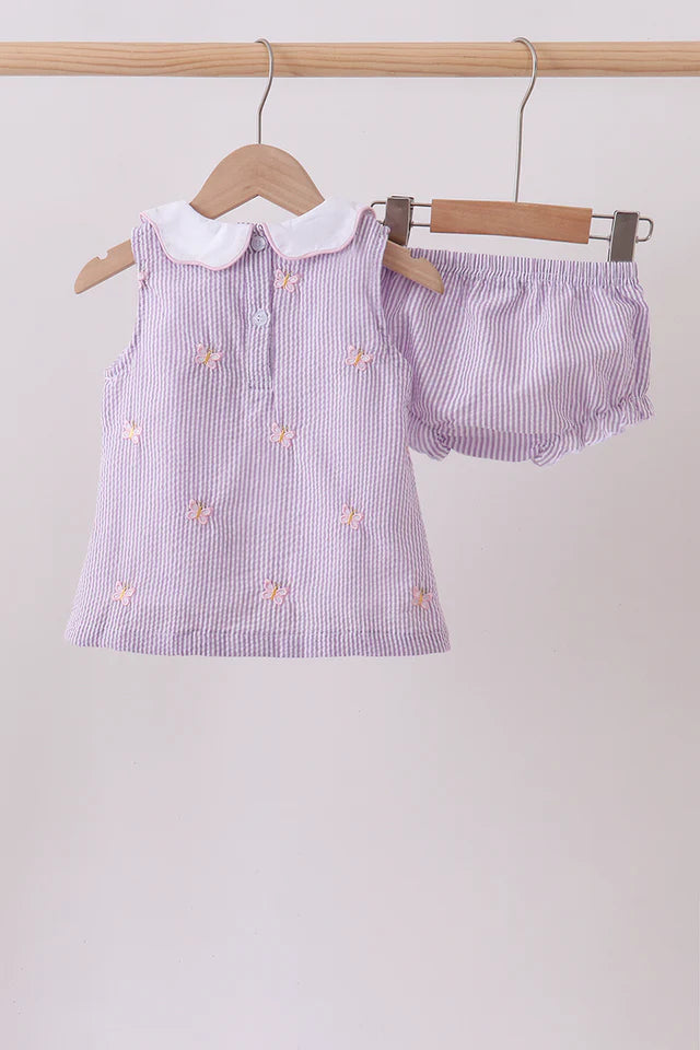 Purple Seersucker Butterfly Embroidery Bloomer Set