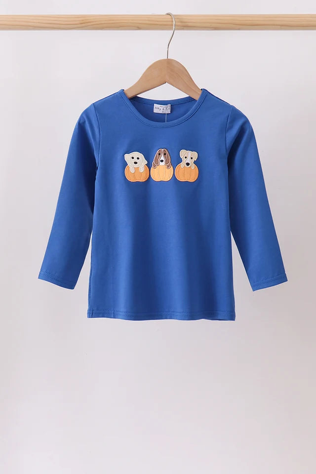 Royal blue puppy pumpkin embroidery top