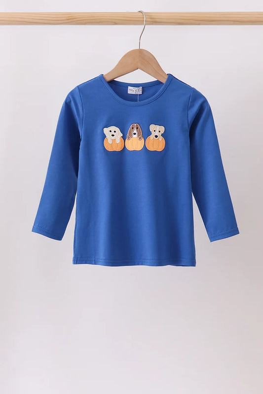 Royal blue puppy pumpkin embroidery top
