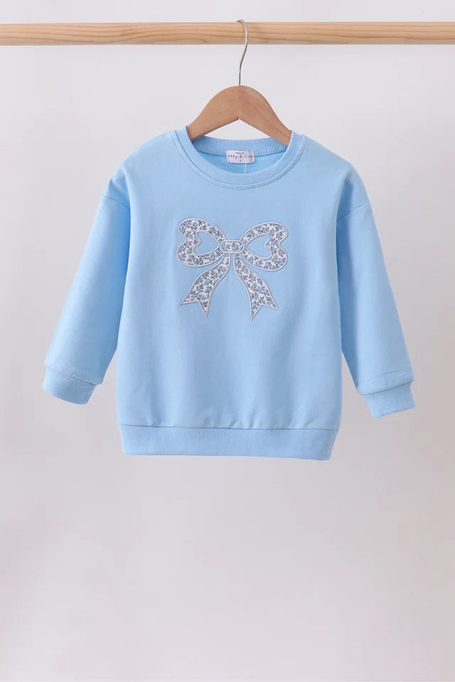 Blue Floral Bow Embroidery Top