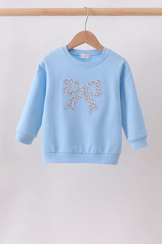 Blue Floral Bow Embroidery Top
