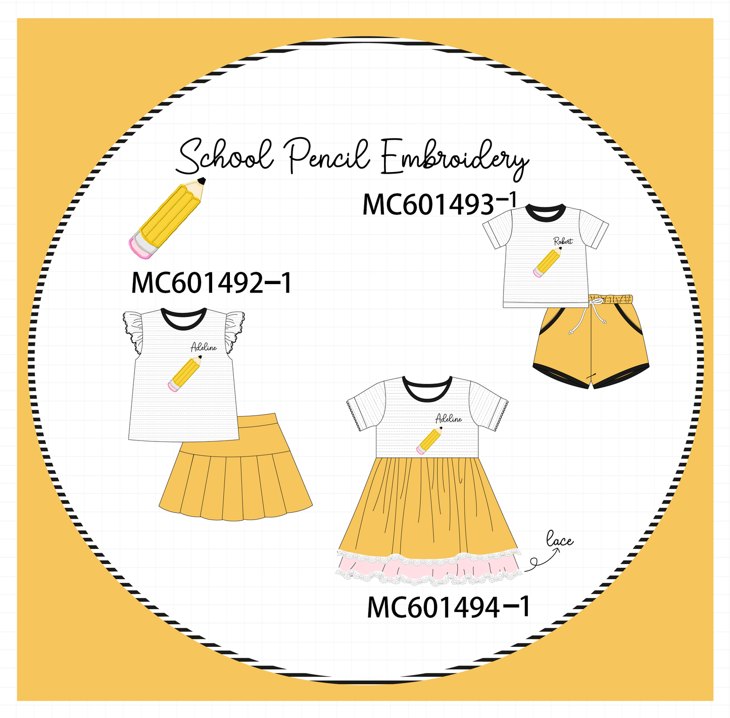PO80 Mustard back to school pencil monogram embroidery collection