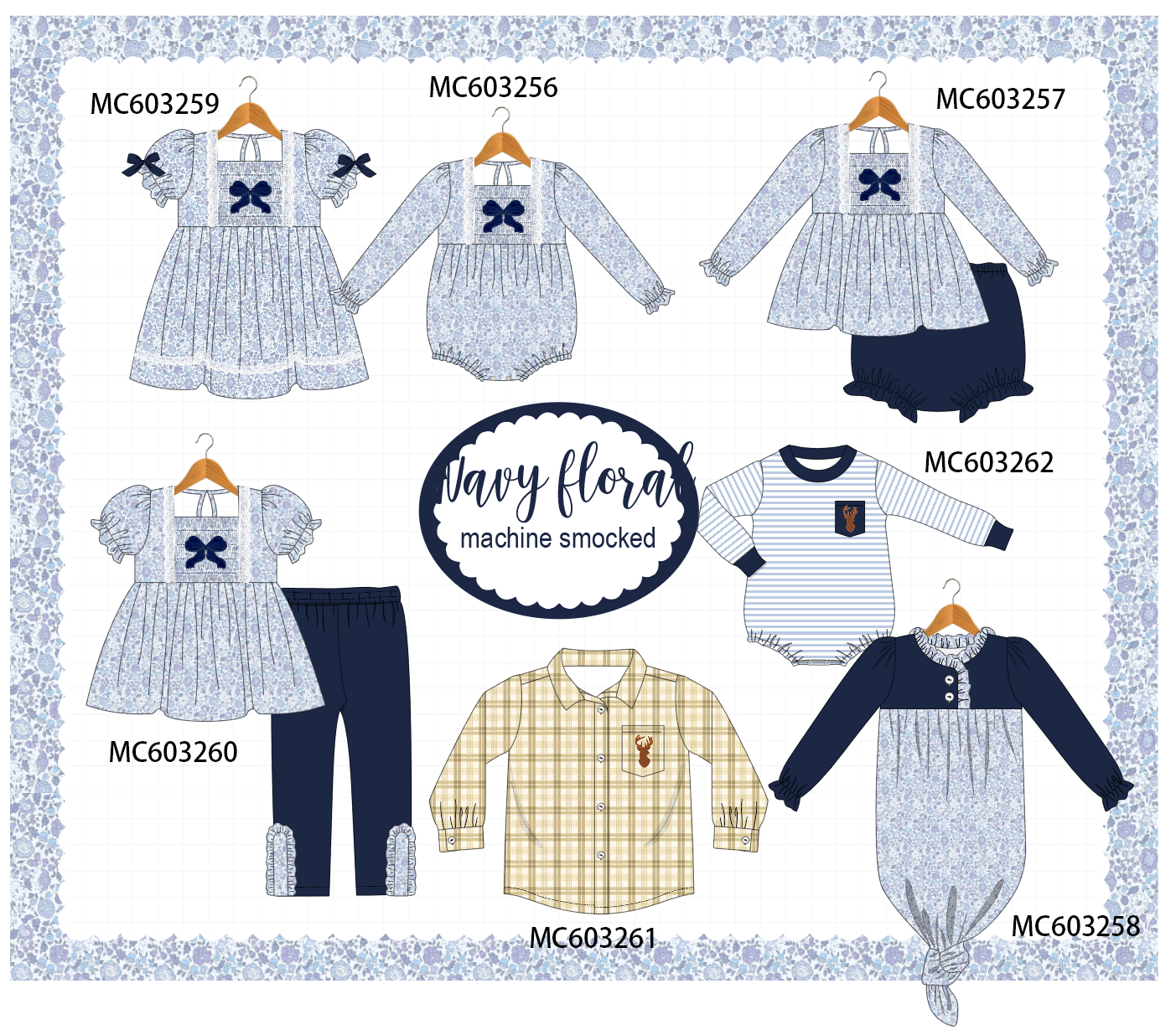 PO83 Navy floral bow smocked collection