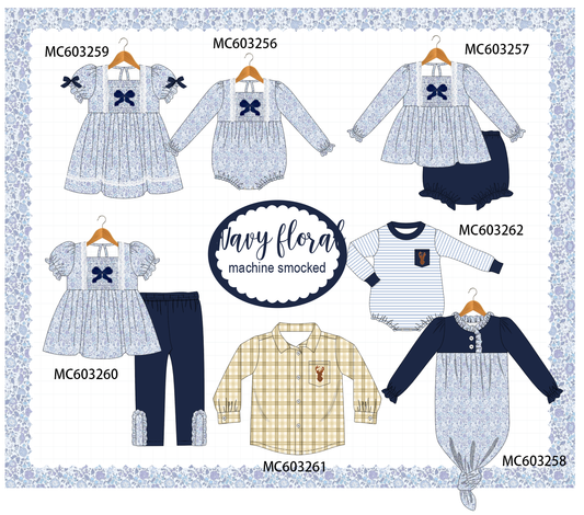 PO83 Navy floral bow smocked collection