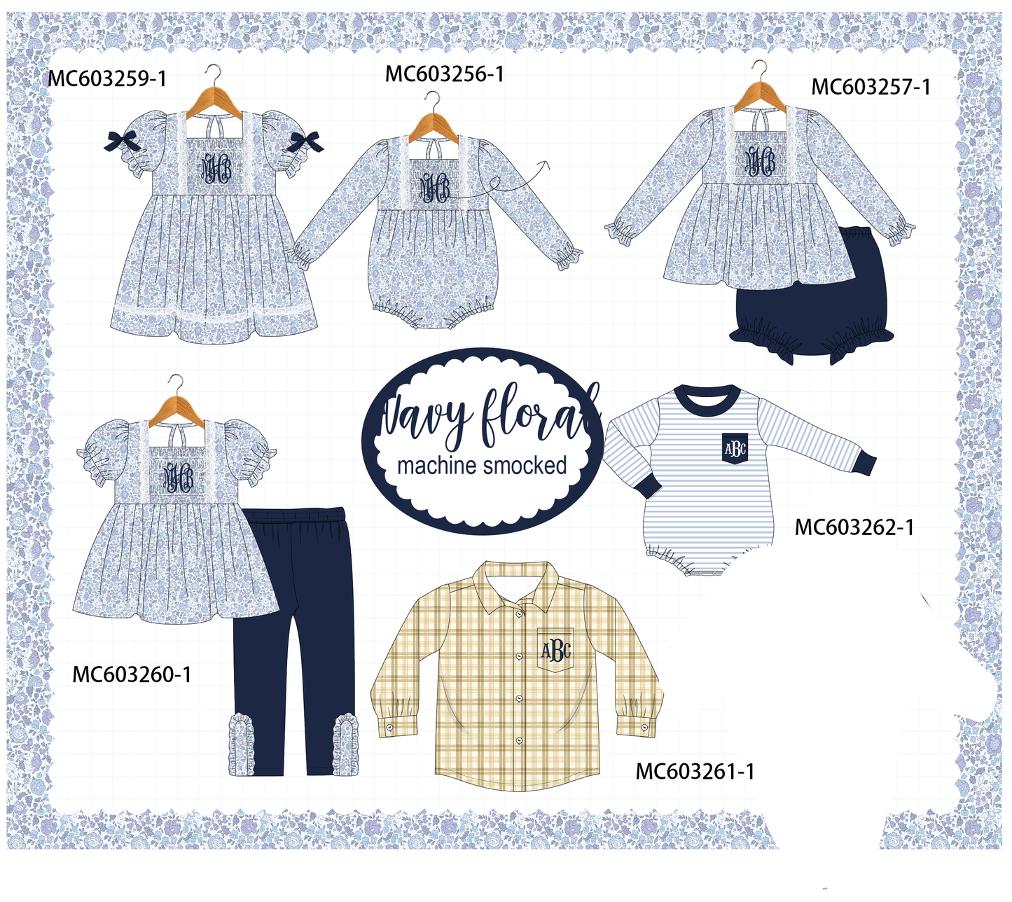 PO83 Navy floral monogram smocked collection