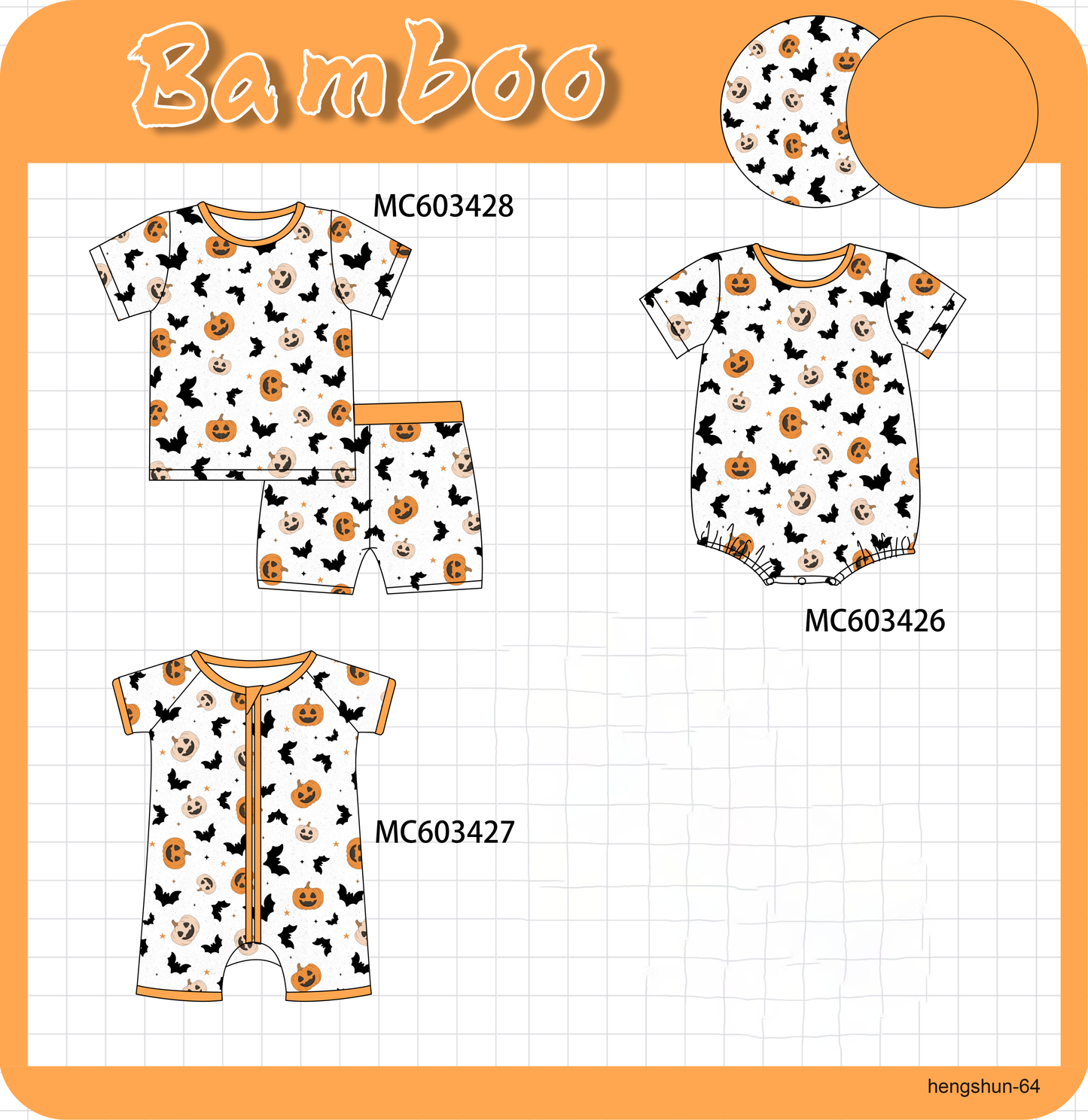 PO83 Orange halloween pumpkin bat print bamboo collection