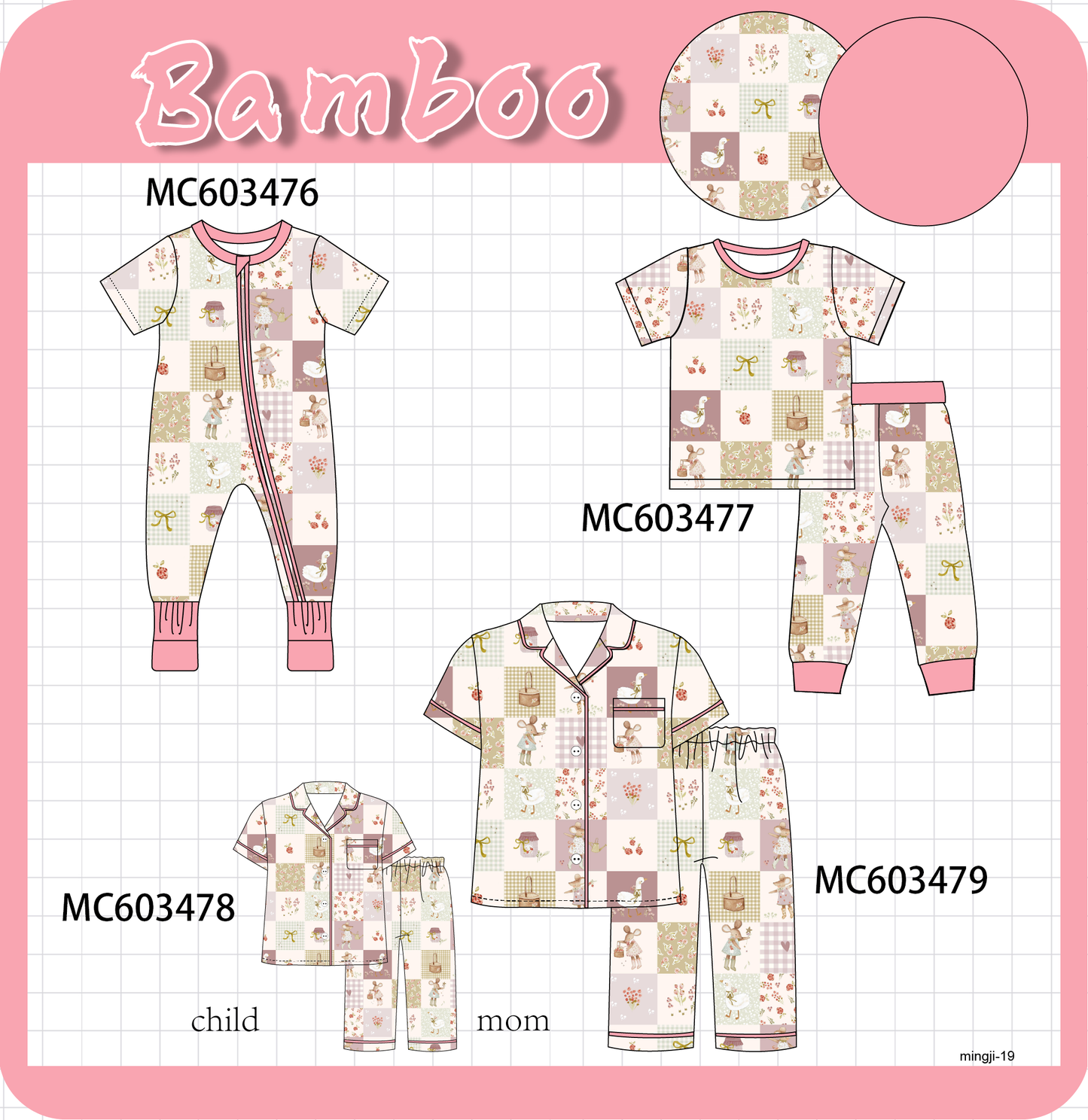 PO83 Pink goose bow checkered bamboo collection