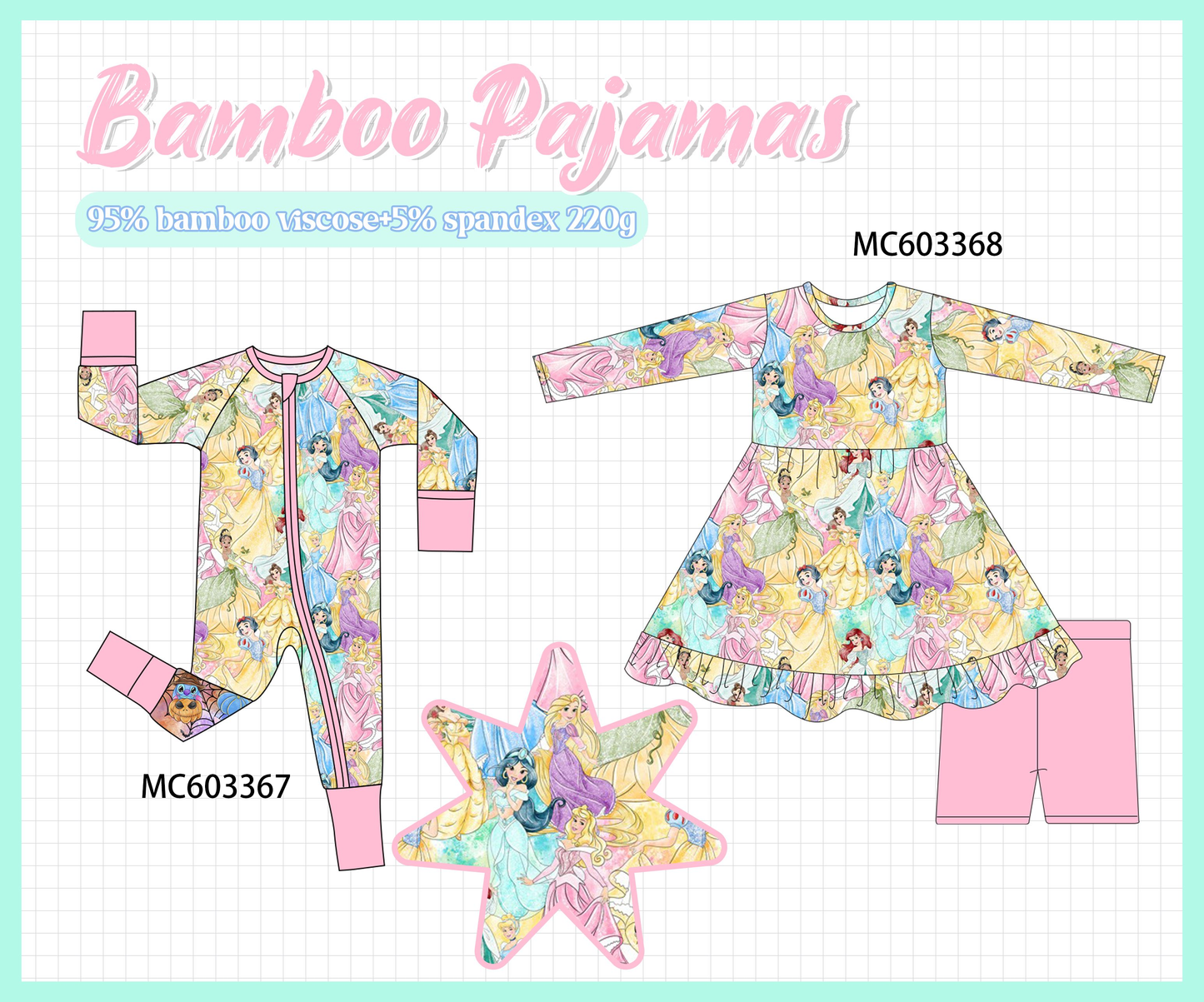 PO83 Pink princess print bamboo pajama collection