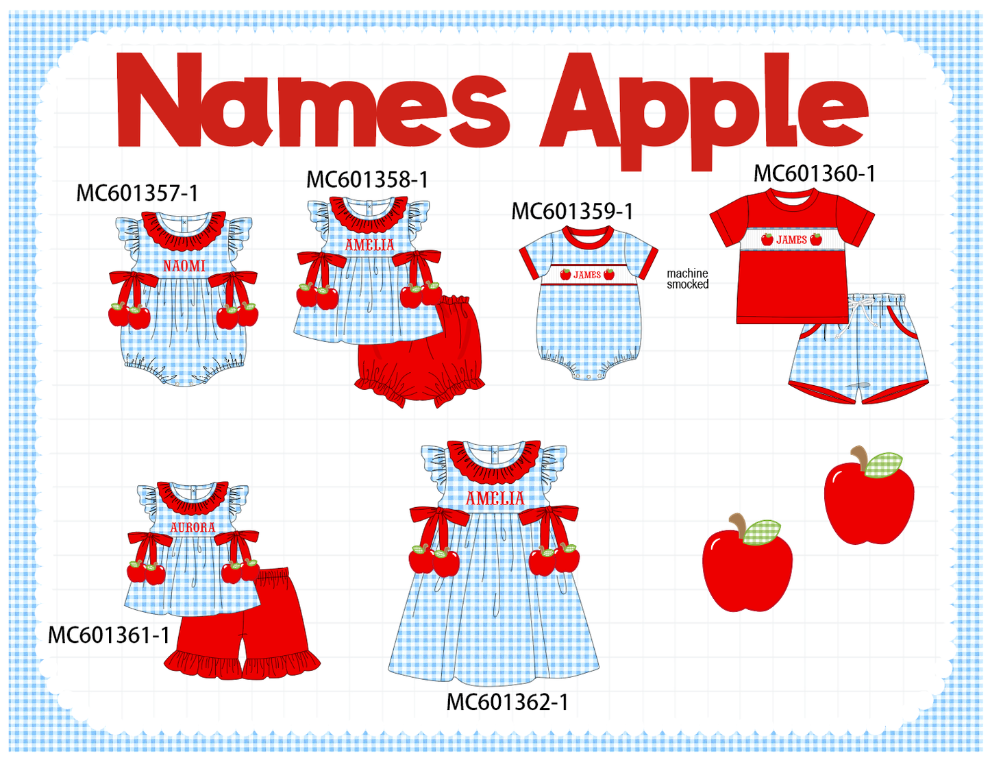 PO80 Red back to school apple monogram embroidery gingham collection