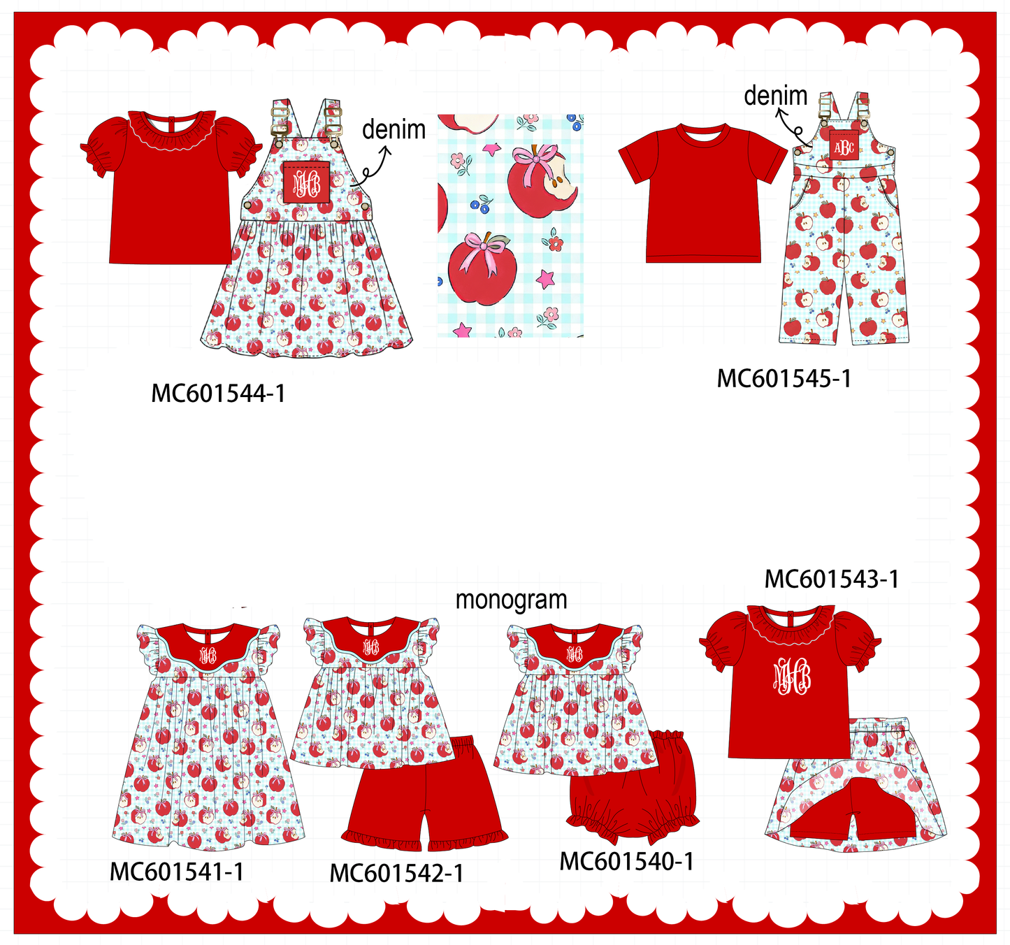 PO80 Red back to school apple print monogram embroidery denim collection
