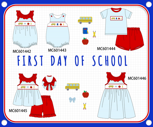 PO80 Red back to school bus bow apple pencil embroidery stripe collection