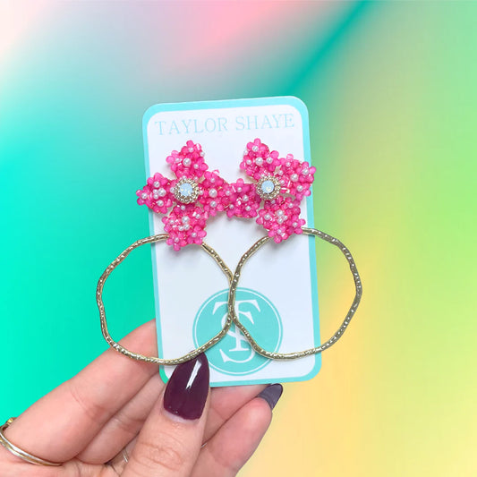Jenna Pearl Flower Spring Hoops (Hot Pink)