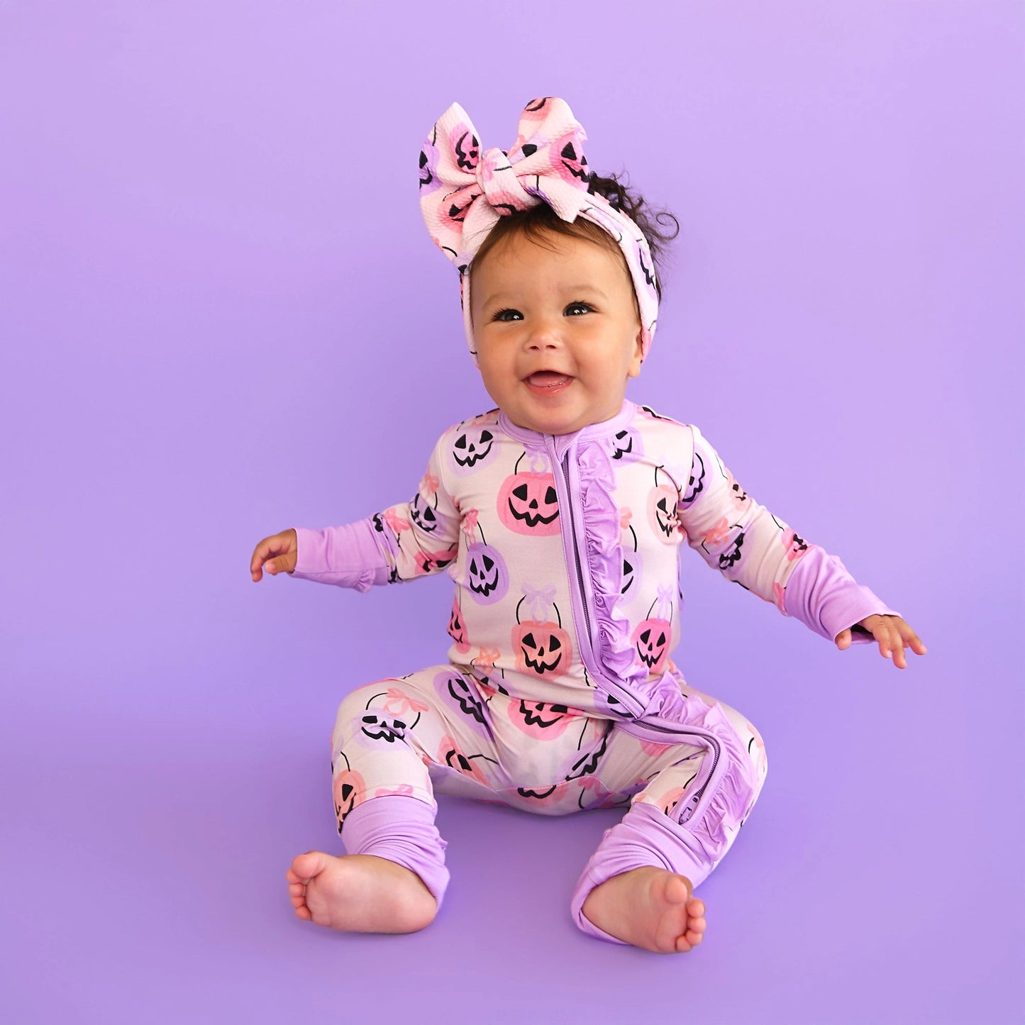 Emmy Ruffle Zip Bamboo Halloween Pumpkins Baby Outfit