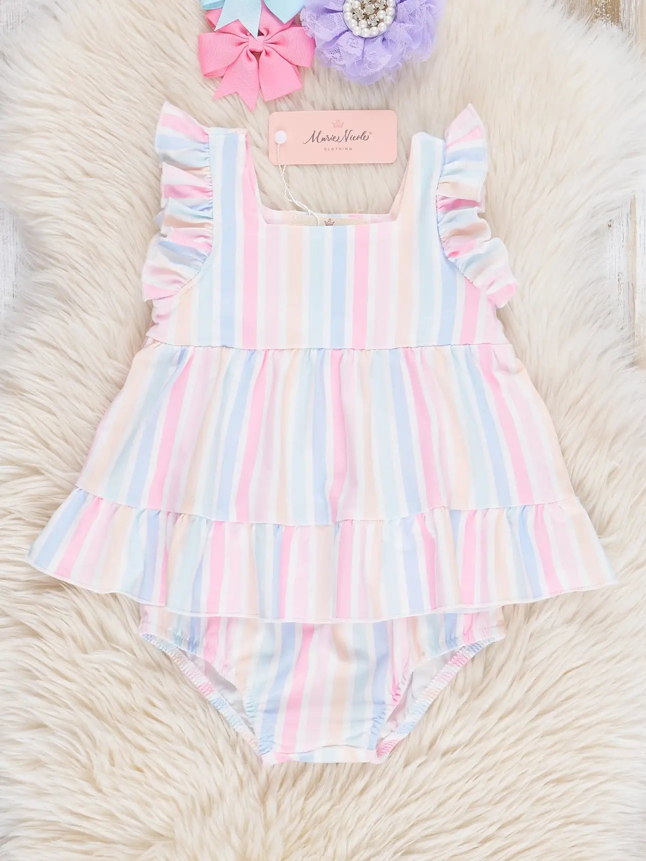 Pastel Striped Flutter Sleeve Top & Bloomers Set
