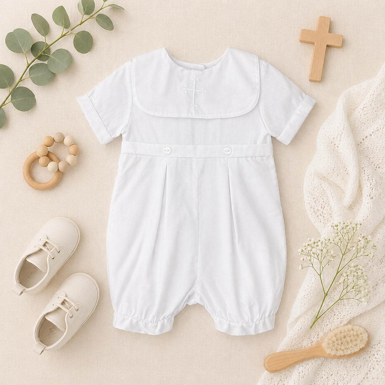 Embroidered Cross Christening Romper