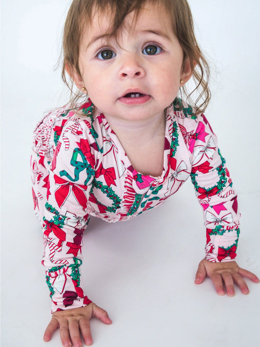 Softsnooze™ Baby Girls Bamboo Viscose Holly Bows Convertible Ruffle One Piece Footie Pajama