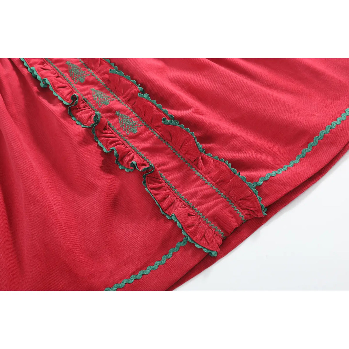 Red Corduroy Ruffle Dress with Christmas Trees