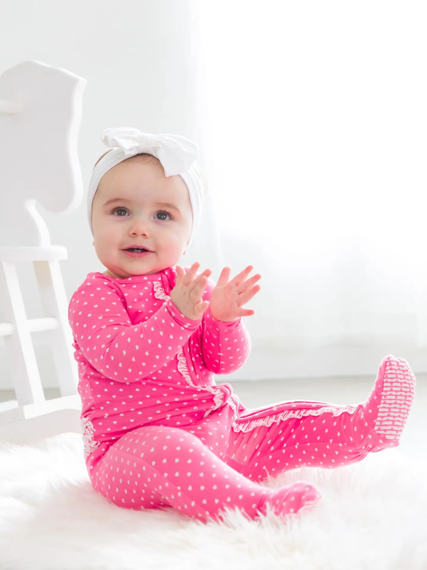 Softsnooze™ Baby Girls Bamboo Viscose Hot Pink Heart Polka Dot Footed Ruffle One Piece Pajama