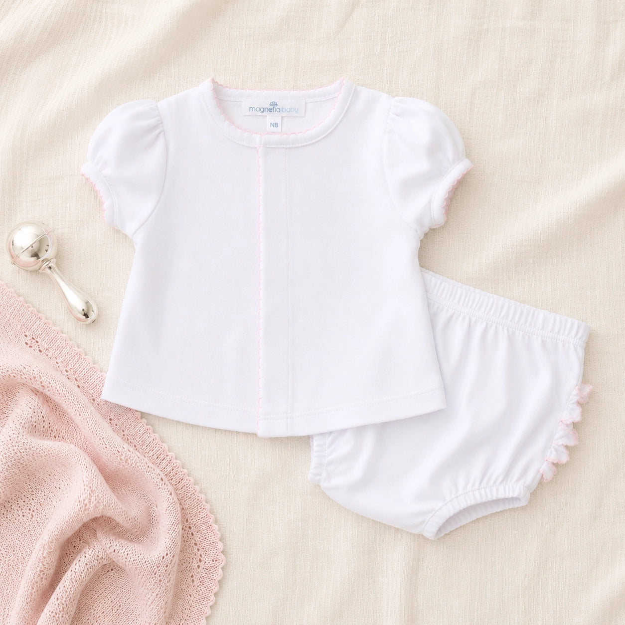 Solid Essentials Ruffle Diaper Cover Set - White Pink