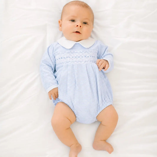 Benjamin Smocked Long Sleeve Bubble - Light Blue