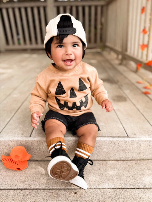 Pumpkin Smiley | Kids Fall + Halloween Sweatshirt (Tan)