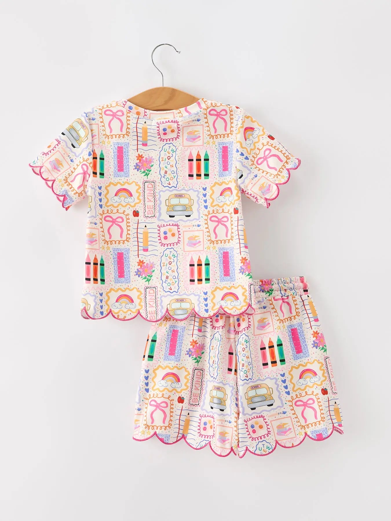 PREORDER Back To School Print Girl Short Set Scallop Hem *sold as set