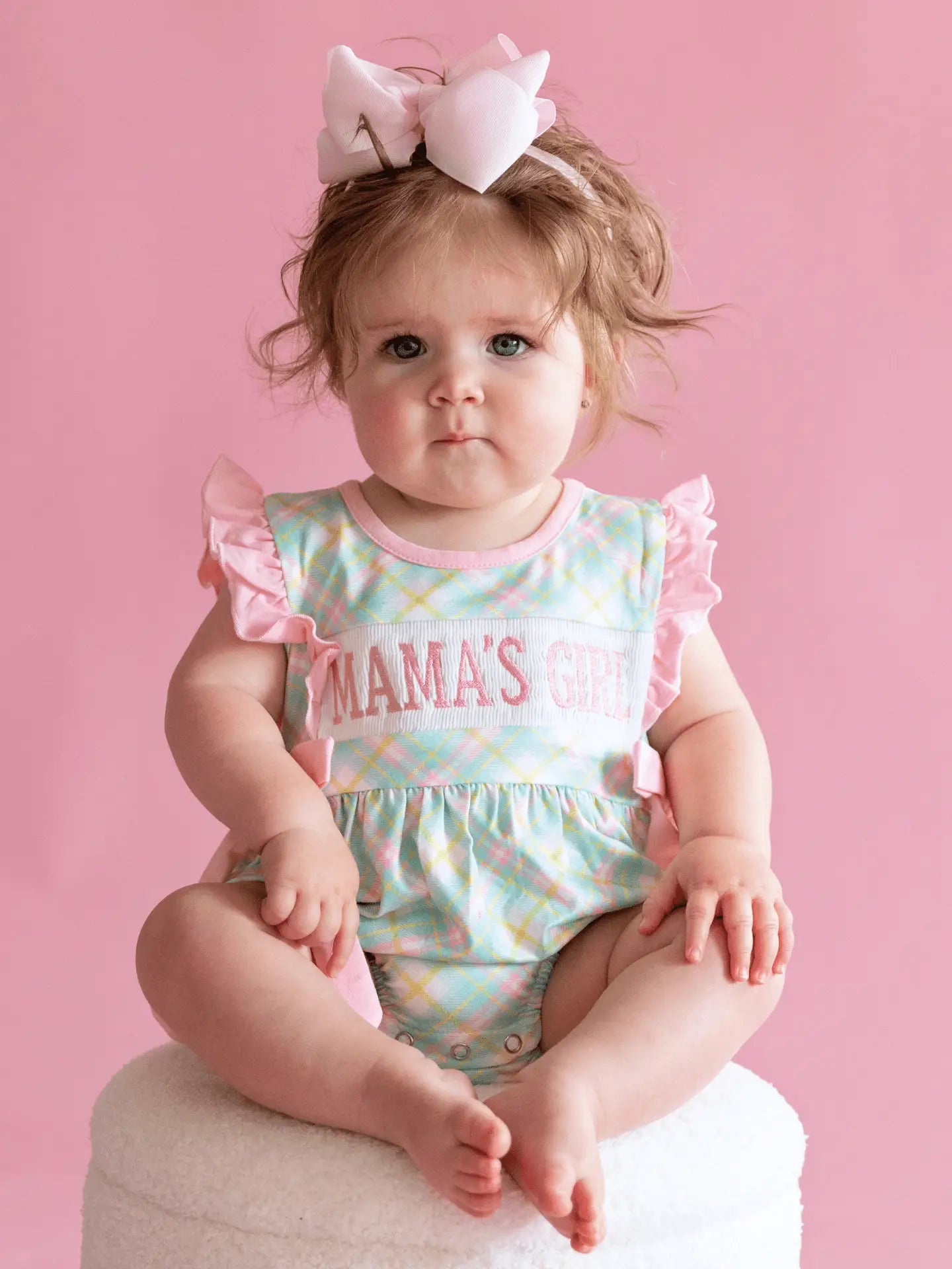Mama’S Girl Pastel Plaid Smocked Ruffle Bubble Romper