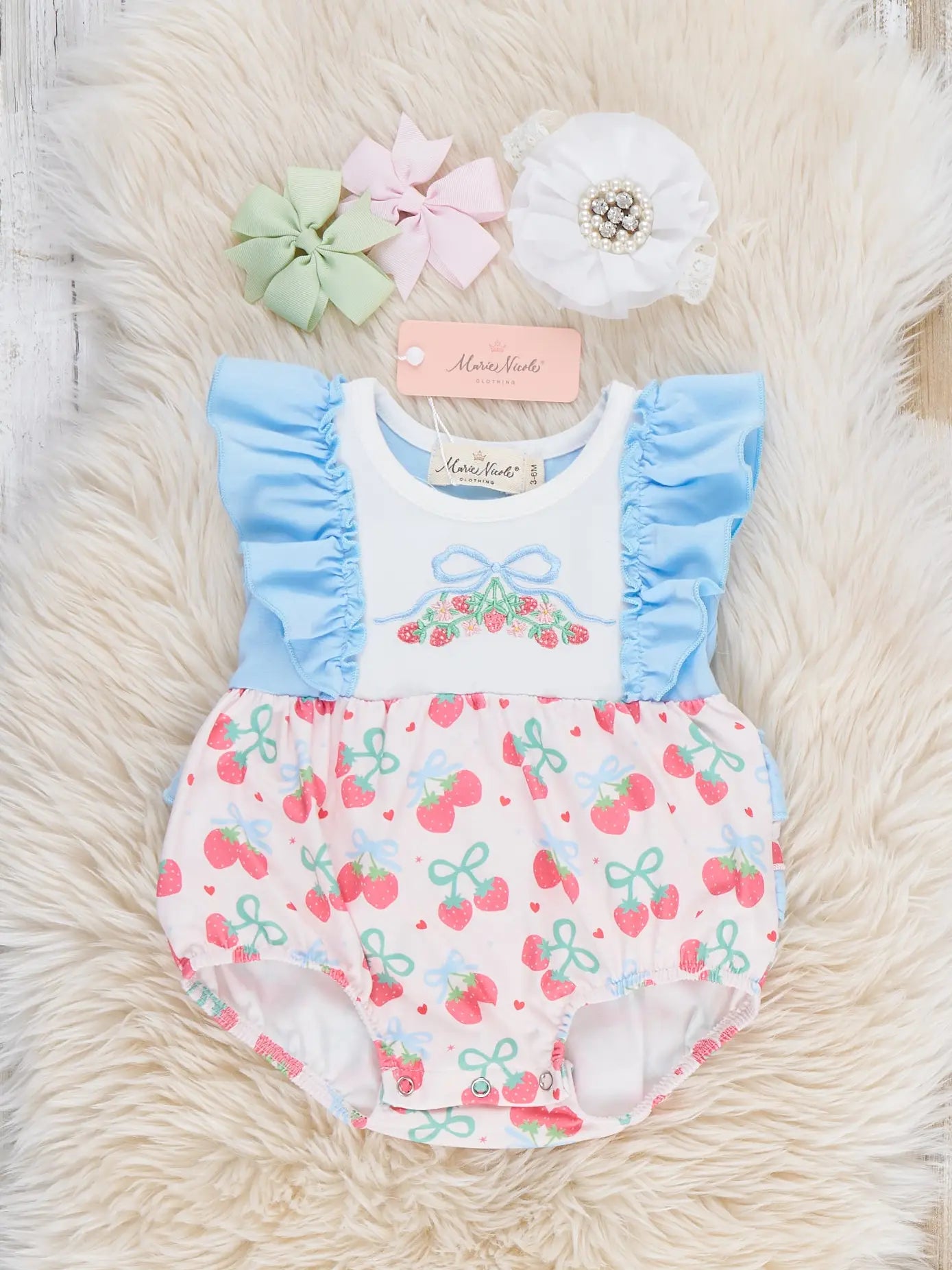 Strawberry Bow Embroidered Ruffle Bubble Romper