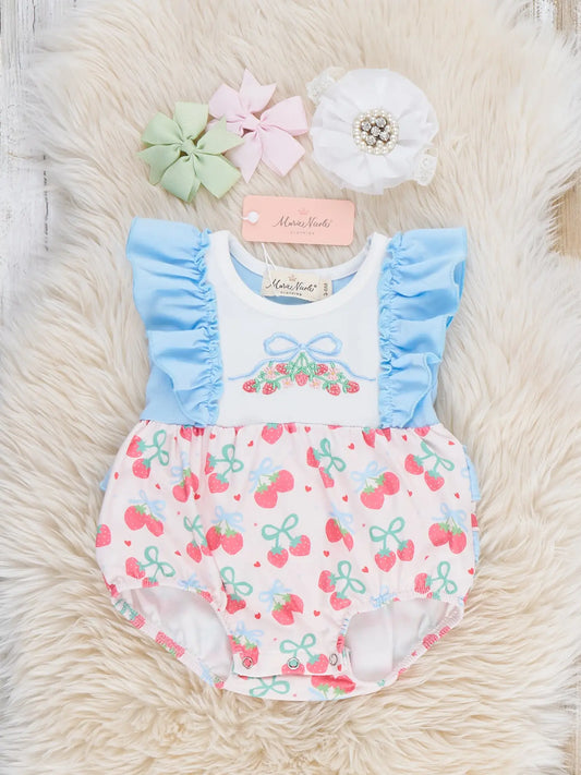 Strawberry Bow Embroidered Ruffle Bubble Romper