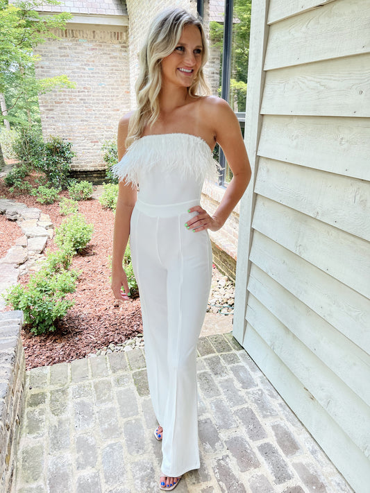 Impressively Flirty Strapless Feather Detailed Jumpsuit