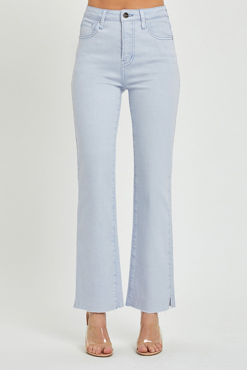 High Rise Raw Hem Straight Jeans with Side Slit (Ice Blue)