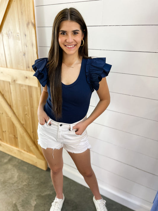 Ruffle Sleeve V-Neck (Navy)