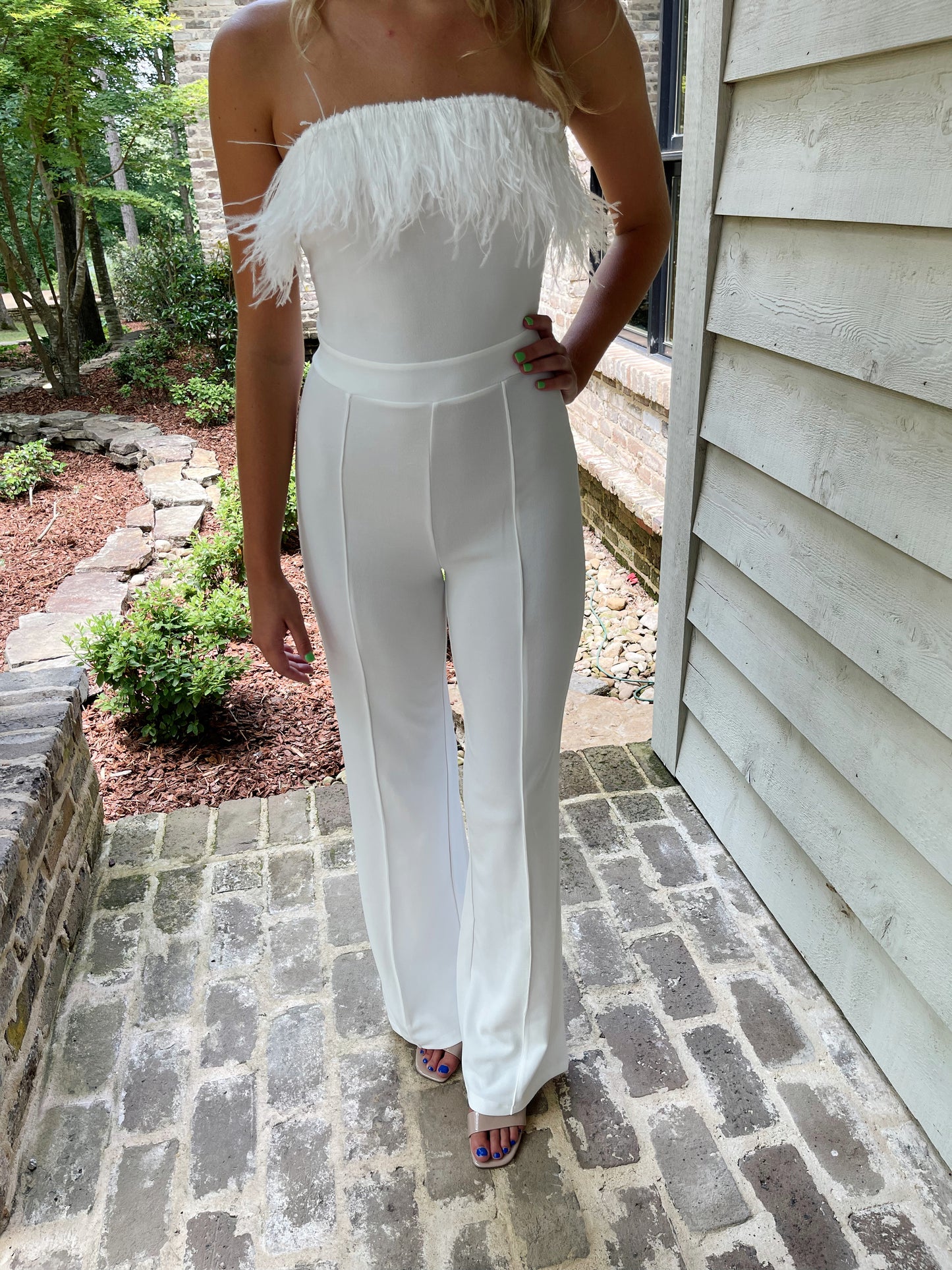 Impressively Flirty Strapless Feather Detailed Jumpsuit