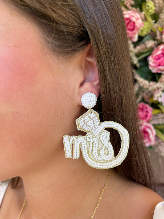 "MRS" Diamond Ring Shaped Beaded Earrings