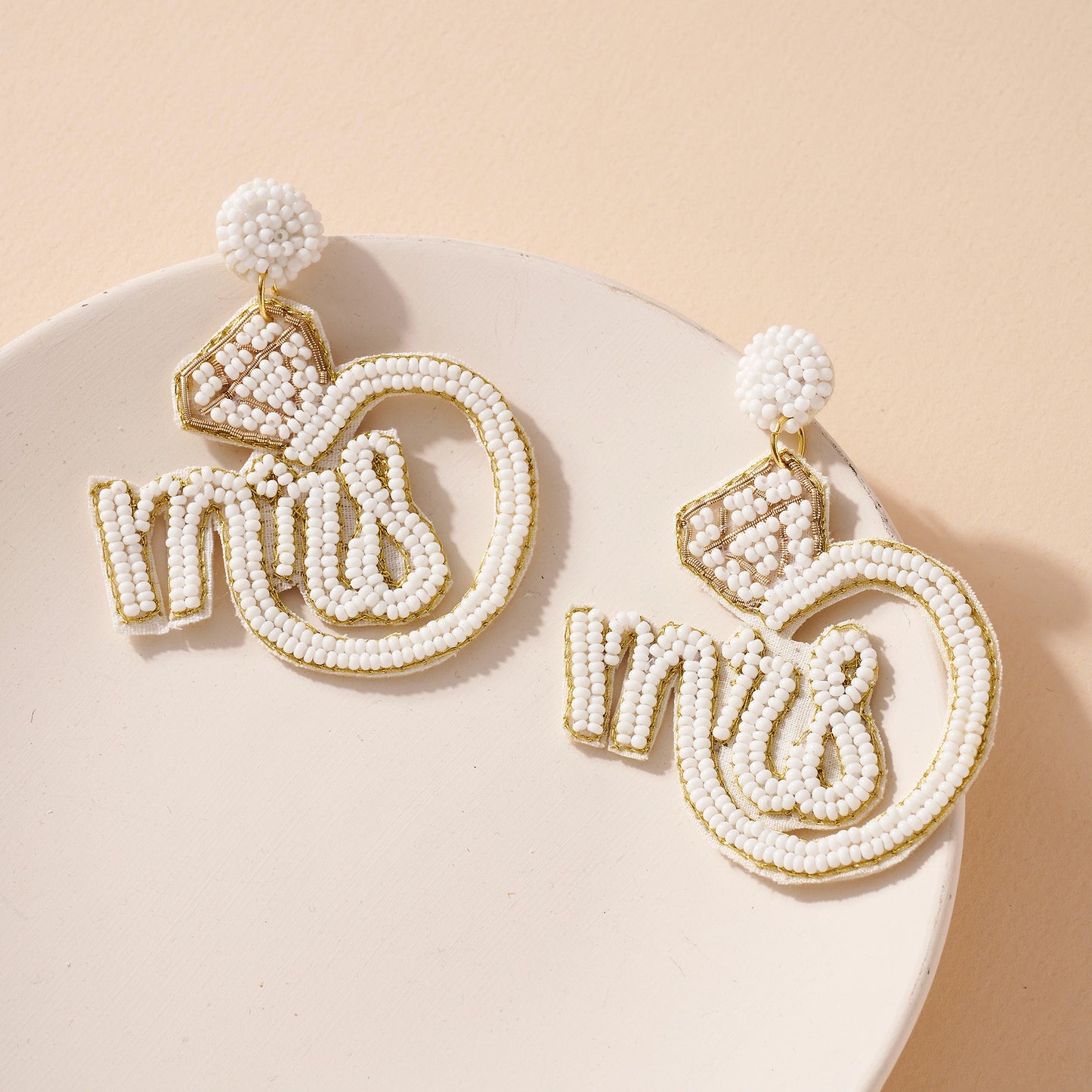 "MRS" Diamond Ring Shaped Beaded Earrings